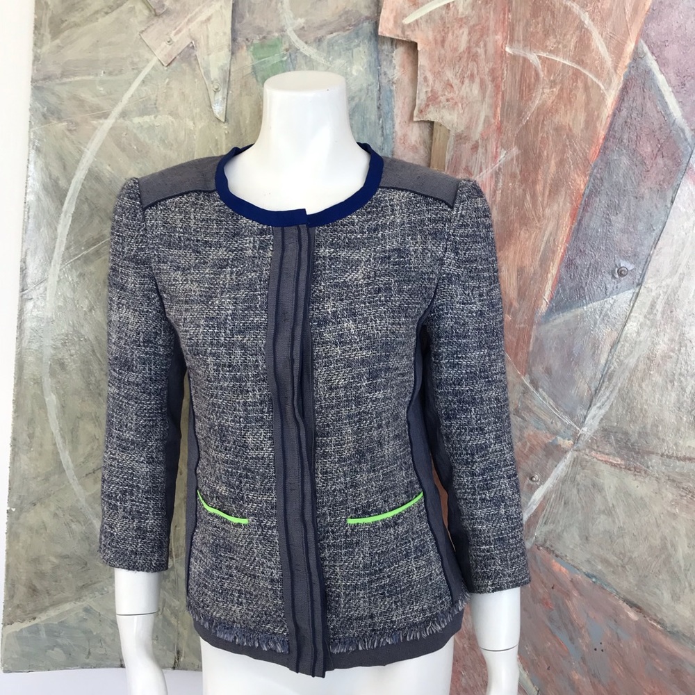 Elie Tahari Blue Linen Tweed Blazer Jacket Size 8